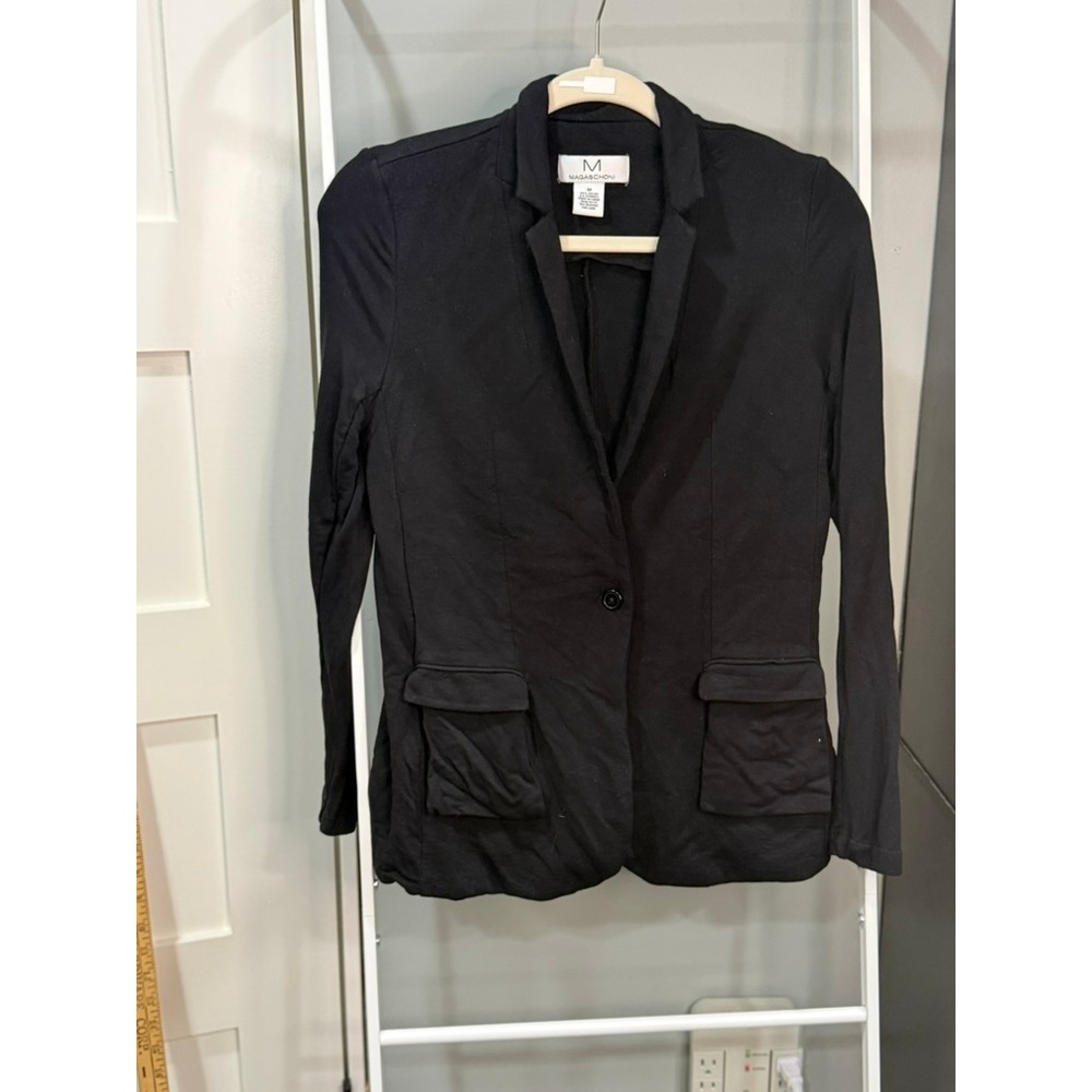 Magaschoni Womens Black Knit Blazer Single Button Flap Pocket Jacket Size M